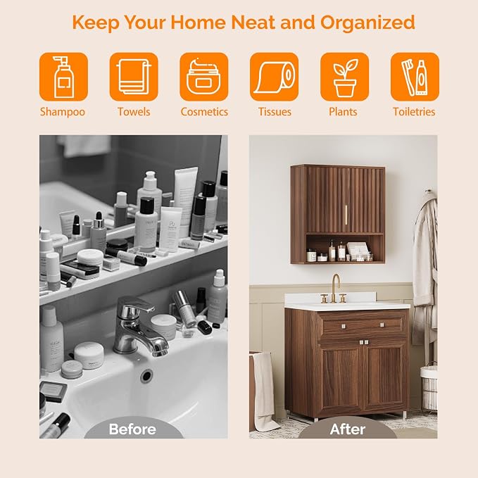 VINGLI Bathroom Wall Cabinet, Walnut Fluted Medicine Cabinet - Image 5