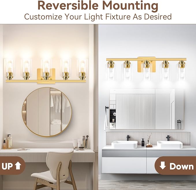 VerRon 5-Light Gold Bathroom Light Fixtures, Brushed Gold Wall Light Fixture - Image 2