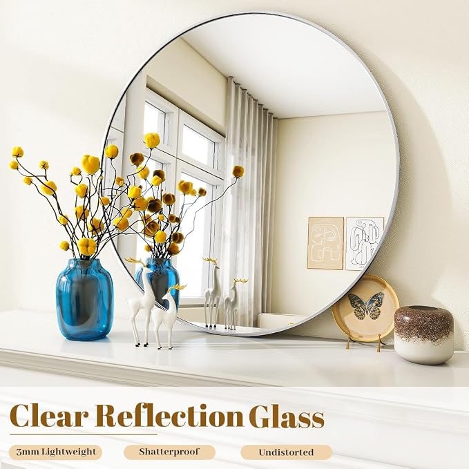 VooBang Silver Round Bathroom Mirror, 24 inch Circle Wall Mounted Hanging Mirror - Image 2
