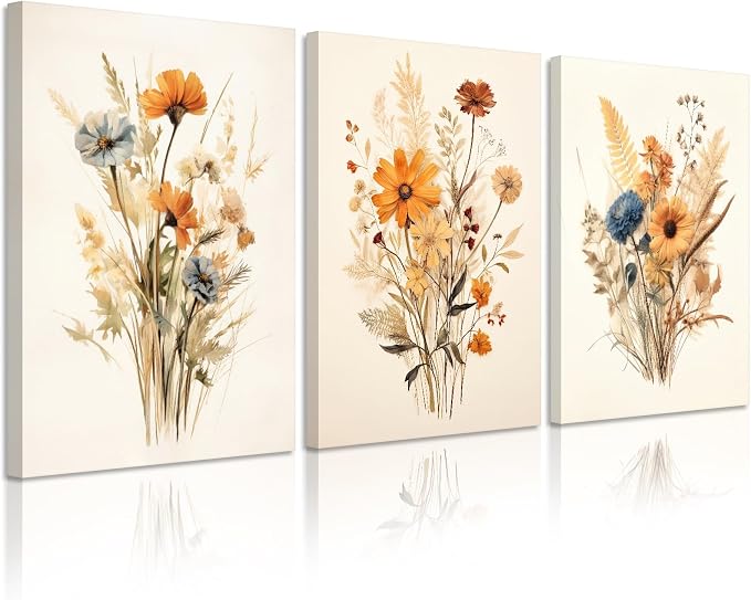 Botanical Floral Wall Art Set of 3 Vintage Wildflower Canvas Wall Decor by Unknown