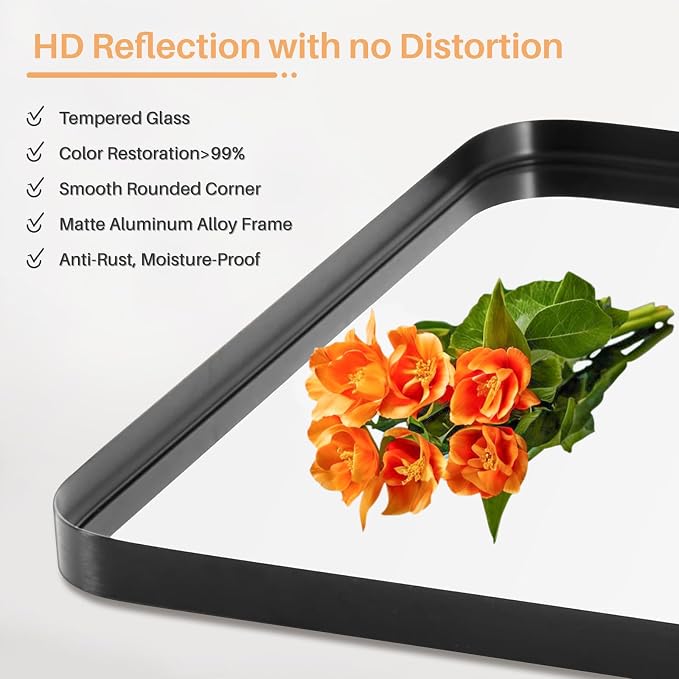 Bathroom Mirror for Wall, 36x24 Inch Rounded Rectangle Mirror, Tempered Glass - Image 4