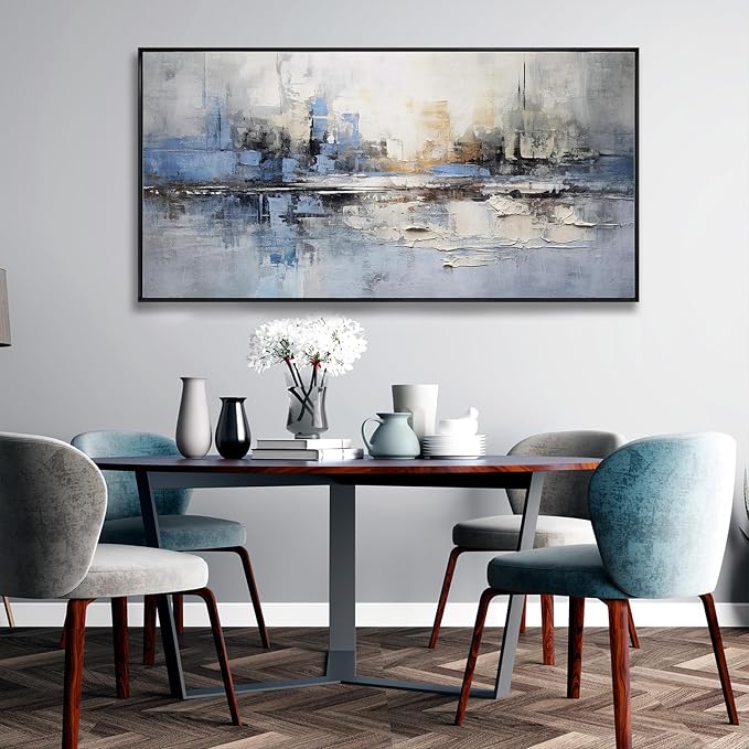 Abstract wall Art Framed Artwork Blue and Gray White Decor Modern Canvas Wall - Image 6