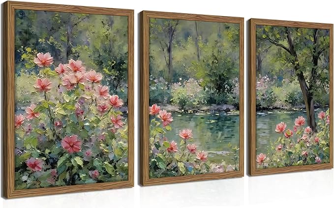 Framed Monet Wall Art Set of 3, Impressionist Botanical Floral Canvas Wall Decor by Unknown