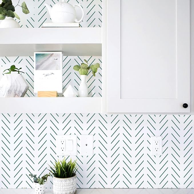 Erfoni Green and White Peel and Stick Wallpaper Herringbone Contact Paper - Image 4