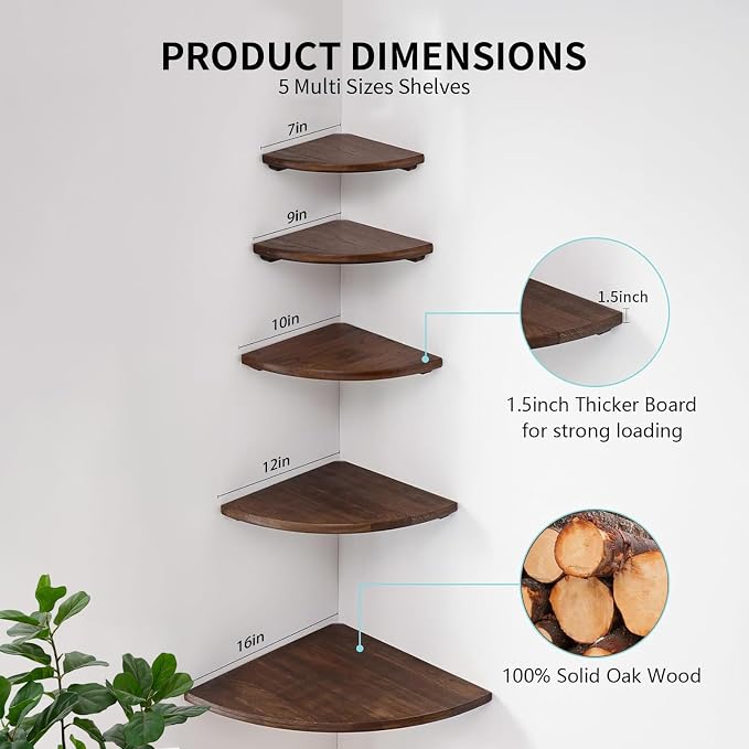 Gieanoo Corner Wall Shelf, 7inch Solid Oak Wood Floating Corner Shelf - Image 6