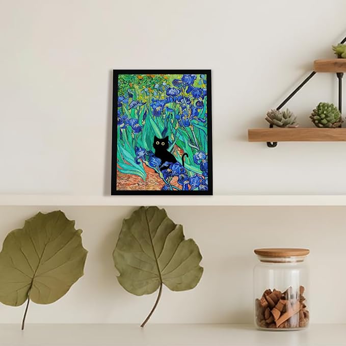 Fantasy Artists Van Gogh Irises Cat Wall Art, Framed Vintage Garden Canvas Wall - Image 3