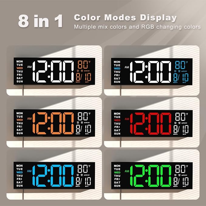 JALL 16" Large Digital Wall Mount Clock, Count Down Timer, Big LED, RGB Color - Image 3