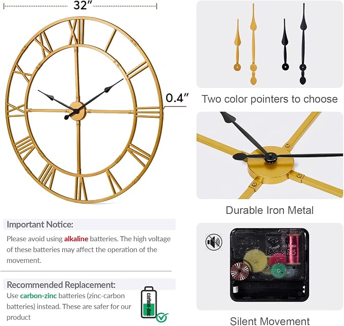 32 Inch Large Wall Clock for Living Room Decor – Easy-Assembly Silent - Image 2