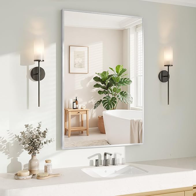 Koonmi Silver Rectangle Wall Mirror, 24x32 Inch Bathroom Mirror, Aluminum Frame by KOONMI