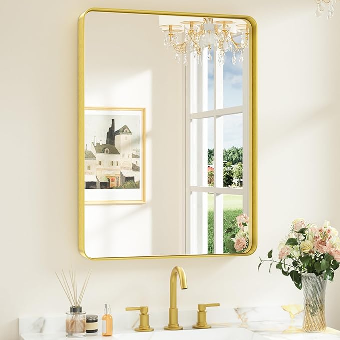 Keonjinn Gold Bathroom Mirrors for Vanity, 24 x 32 Inch Rounded Rectangle Gold by Keonjinn