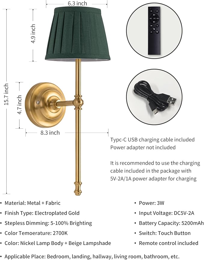 KDG Cordless Wall Sconces Set of 2, Small Wireless 5200mAh Rechargeable Battery - Image 5