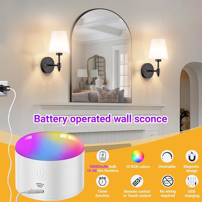 YHCDLAMP Battery Operated Wall Sconces Set of Two, Rechargeable Wireless Wall - Image 2