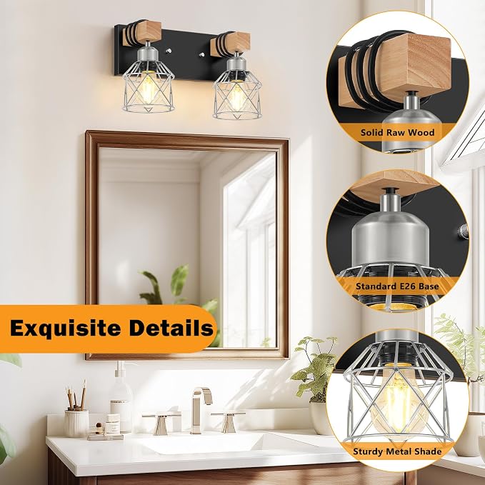 FadimiKoo Farmhouse Bathroom Light Fixtures, Rustic 2-Light Wood Vanity Lights - Image 3