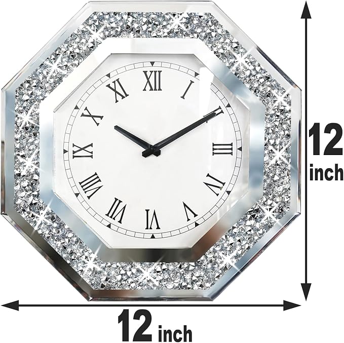 Wall Clock, Octagon Mirror Glass Clock, Cute Diamond 12-inch Non-Ticking Clock - Image 7