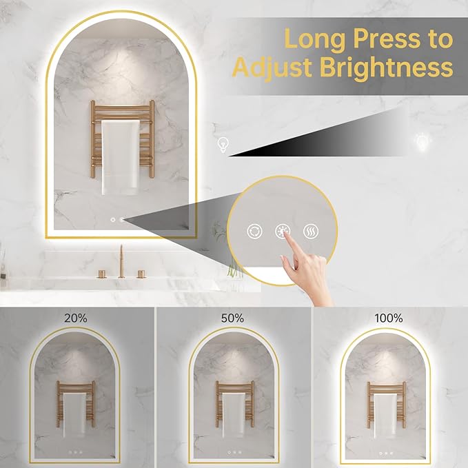 24"x36" Arched LED Mirror for Bathroom, Brushed Gold Lighted Bathroom Mirror - Image 4