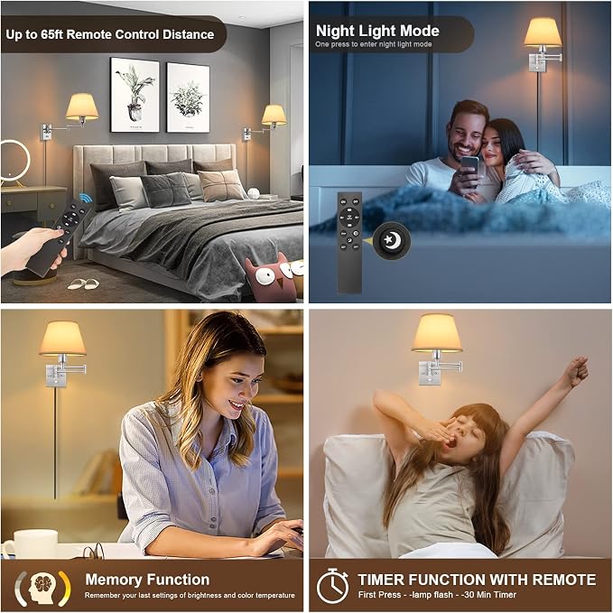 TRLIFE Wall Sconces Plug in, Remote Control Dimmable Wall Sconce and Adjustable - Image 4