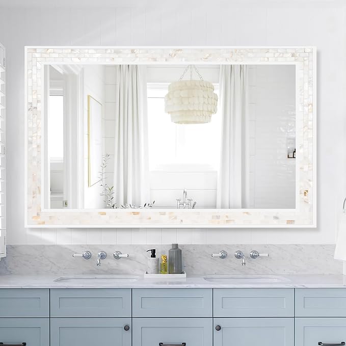 Tanmicoshomy 24 x 47 Inch White Rectangle Wall Mirror, Natual Shell Framed - Image 6