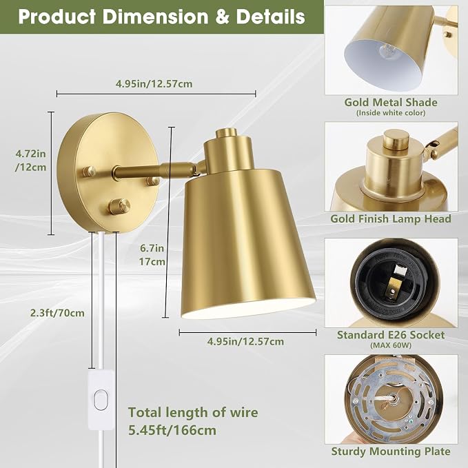 Lomoky Dimmable Wall Sconces Plug in, Adjustable Angle Wall Lamps - Image 2