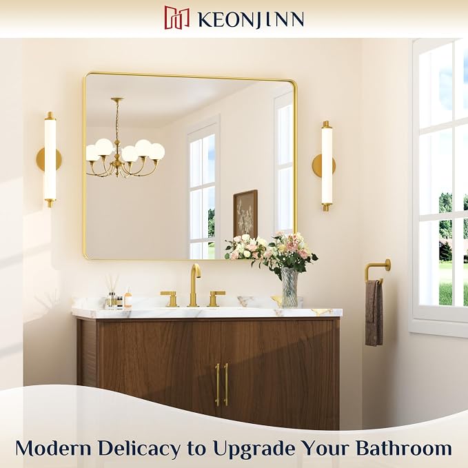 Keonjinn Gold Bathroom Mirrors for Over Sink 42” x 36” Large Brushed Brass - Image 2
