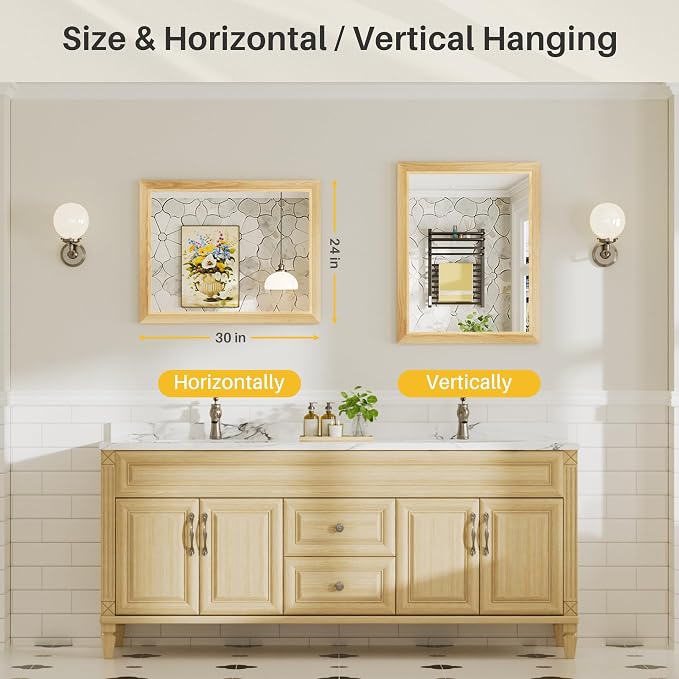 24x30 Inch Bathroom Mirror for Wall, Anti-Rust Oak Wood Grain Metal Framed - Image 4