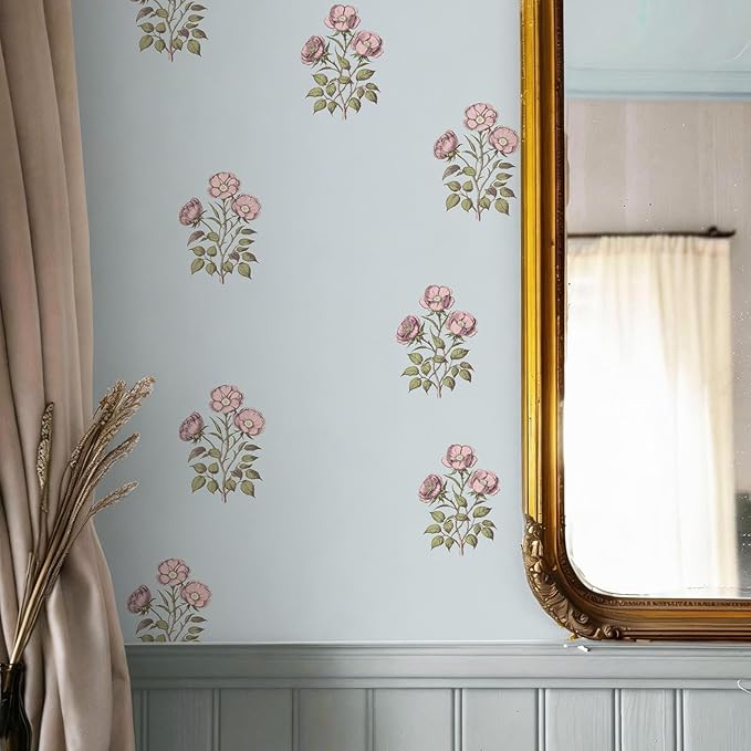 17.3"× 590.5" Vintage Blue Floral Wallpaper Peel and Stick Boho Wallpaper by LUKUUI