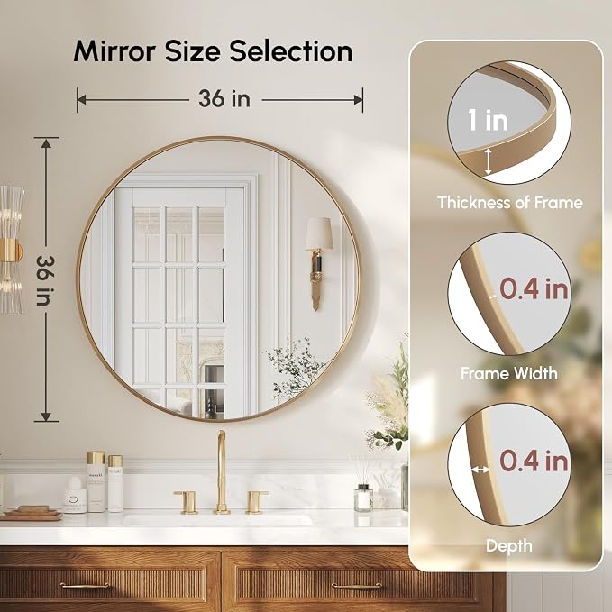 USHOWER Gold Bathroom Mirrors for Over Sink, 36 Inch Circle Mirror - Image 4