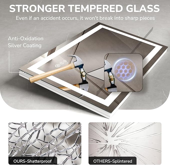 USHOWER LED Bathroom Mirror 24x32 Inch Tempered Glass - Image 6