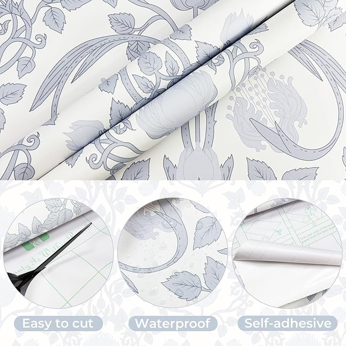 YXTII 17.3"×78.7" Blue Floral Peel and Stick Wallpaper, Damask Vintage Wallpaper - Image 2