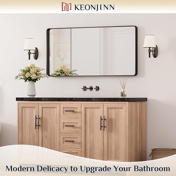Keonjinn Black Bathroom Mirror for Over Sink, 42 x 20 Inch Rounded Rectangle - Image 2