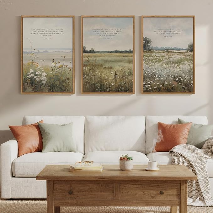 Framed Christian Wall Art Set of 3, Large Wildflower Bible Verse Canvas Prints by Cuspin