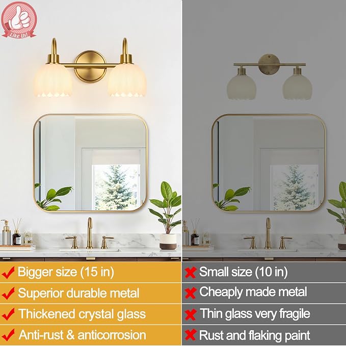 Bathroom Light Fixtures, 2-Light Gold Vanity Light Fixtures - Image 4