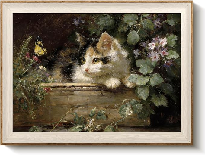 VIYYIEA Framed Wall Art for Living Room, Cute Calico Kitten and Butterfly by VIYYIEAART
