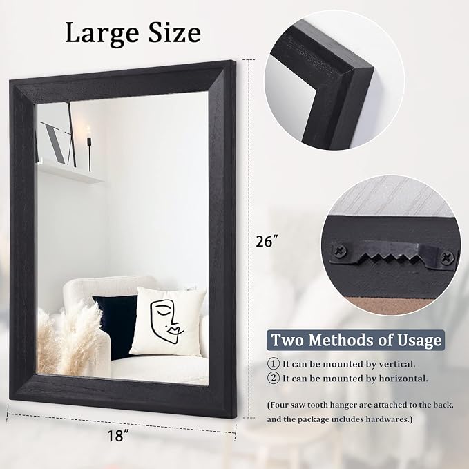 AAZZKANG Black Mirrors for Wall Rectangle Wood Framed Large 26"x18" Decorative - Image 2