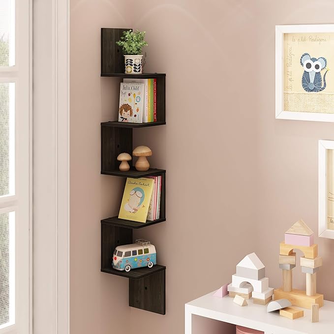 Furinno Rossi Wall Mount Floating Corner Shelf, 5-Tier Square - Image 2