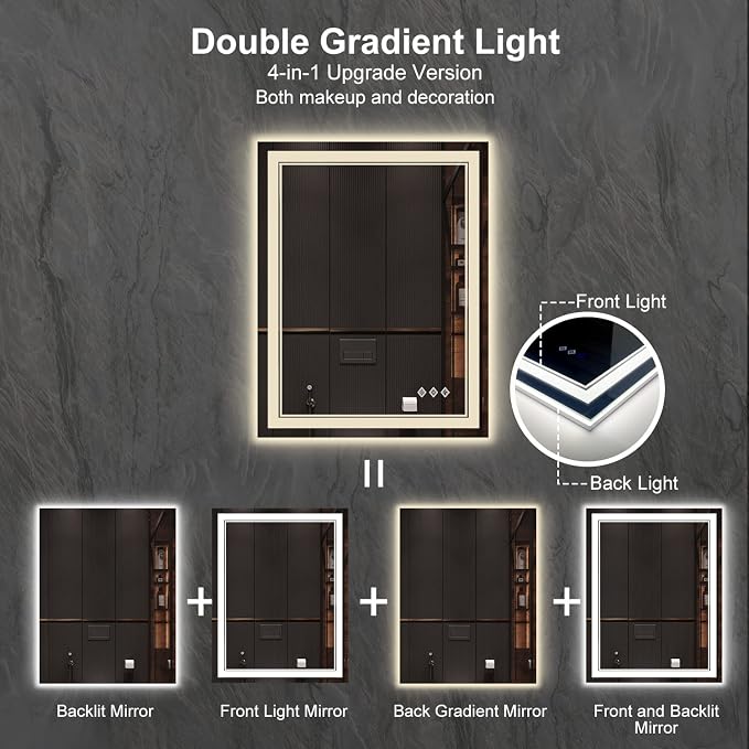 LED Mirror, 28x36 Inch Gradient Front and Backlight Lighted Mirror, 3 Colors - Image 4