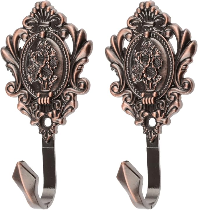 2Pcs Wall Hooks Red Copper Rose Pattern Carved Vintage Drapery Clothes Key Hook - Image 3