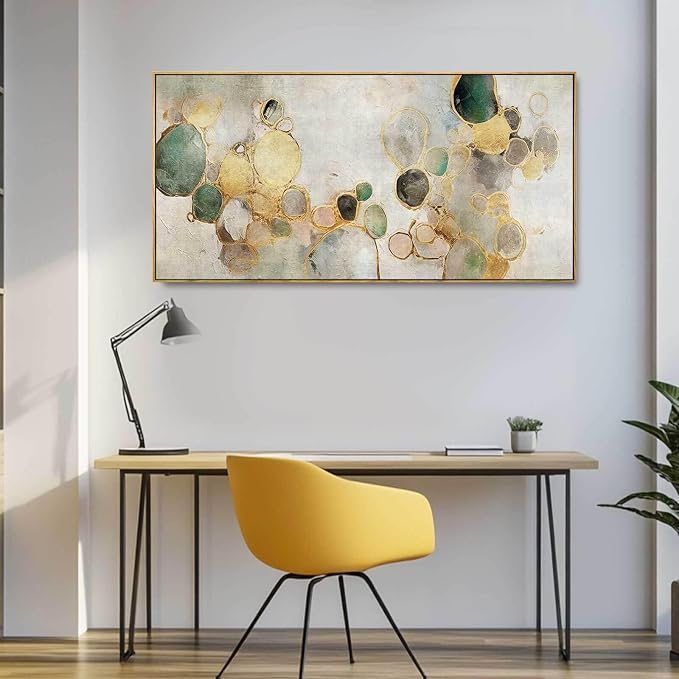 Gold Circle Modern Artwork Framed Abstract Wall Art Green Canvas Decor 24"x48" - Image 5