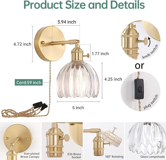 Shenmoyl Plug in Wall Sconce, Transparent Tulip Glass Lampshade Wall Light - Image 5