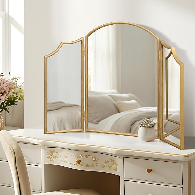 Besdomus Gold Scalloped Vanity Mirror: 36"x24" Large Modern Three Sided Dresser - Image 6