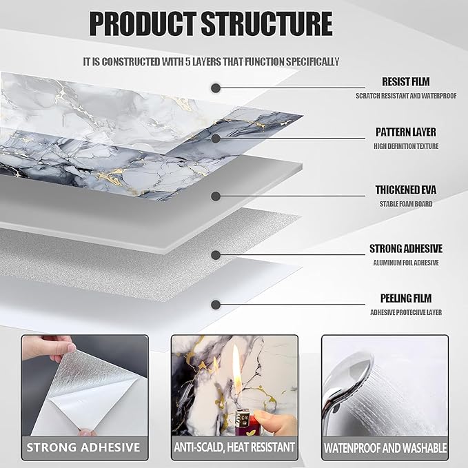 10pcs Peel and Stick Tile Shower Waterproof Marble Tiles Wall Panels, - Image 6
