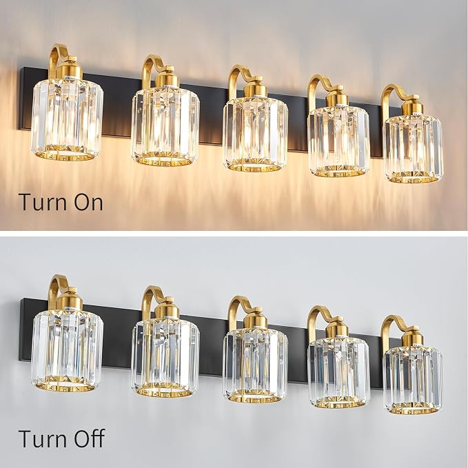 Black Gold Crystal Vanity Light Over Mirror 5 Lights Bathroom Wall Lighting - Image 3