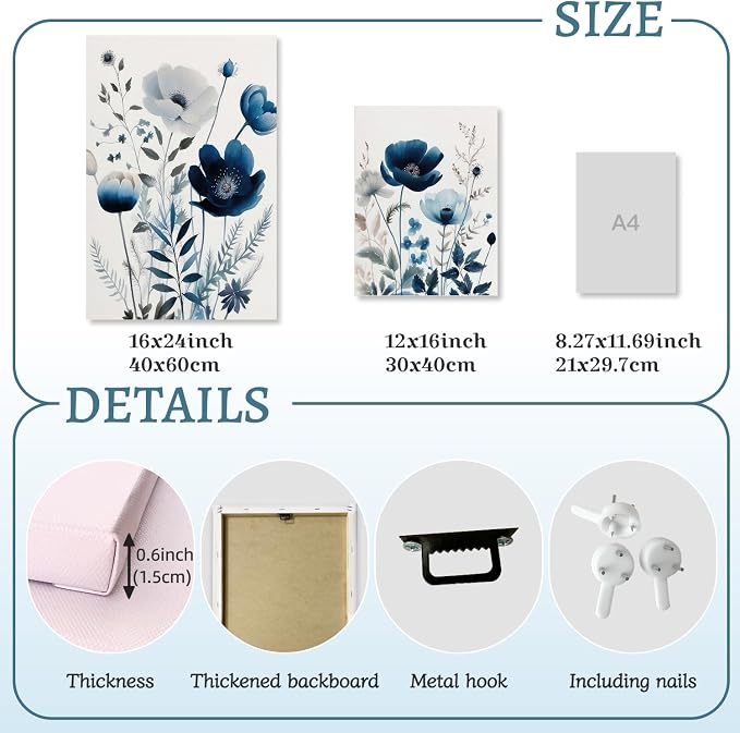 LLEEMPI Framed Navy Blue Floral Wall Art Set of 3, Modern Wildflower Wall Decor - Image 7