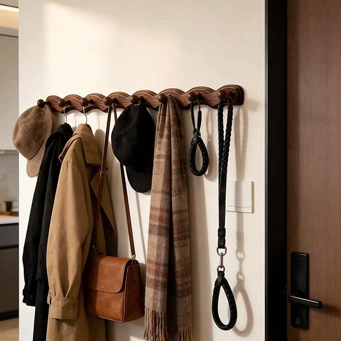 Wood Coat Rack Wall Mount -8 Pack Walnut Coat Hooks - Image 5