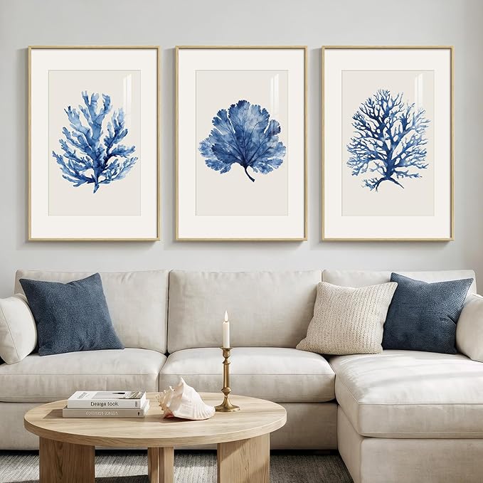 Large Framed Blue Coastal Coral Wall Art by Cuspin