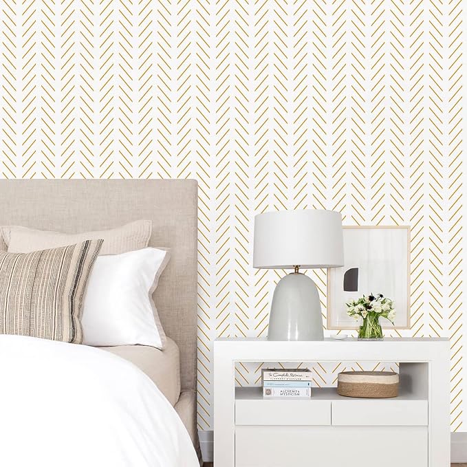 Erfoni Yellow and White Peel and Stick Wallpaper Modern Herringbone Wallpaper - Image 2