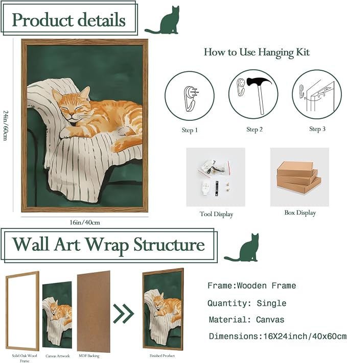 Funny Cat Wall Art Cute Cat Sleeping on Couch Wall Decor Painting Orange Pet - Image 3
