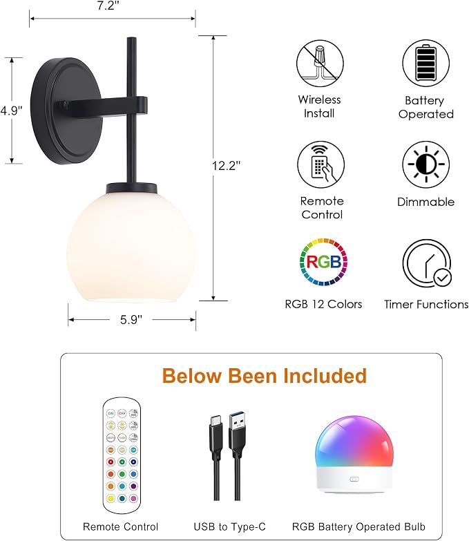 SANTOSTOCK Black Wireless Rechargeable Wall Sconces - Image 2