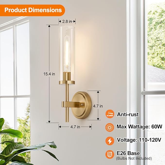 Wall Sconces Set of Two, Brushed Gold Bathroom Sconces - Image 6