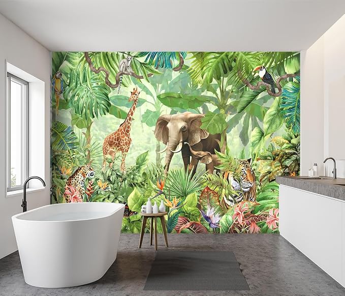 -Green Rainforest Plants Animals Tiger Cloth Wallpaper Jungle Plants Banana - Image 3