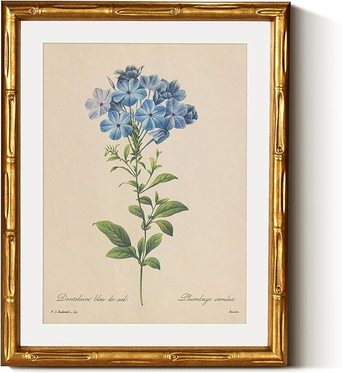 InSimSea Gold Bamboo Framed Canvas Wall Art, Vintage Minimalist Blue Botanical by InSimSeaArt